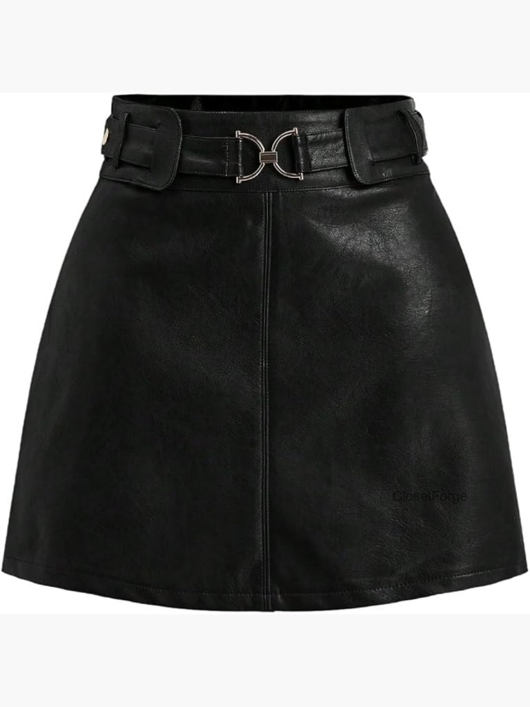 Faux Leather Mini Skirt With Belted High Rise Side Zipper